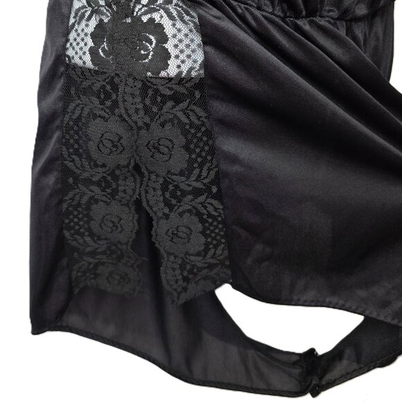 Vintage Nylon Lingerie Teddy Romper L Floral Lace Rosette Ties Black 80s 90s - Picture 11 of 11